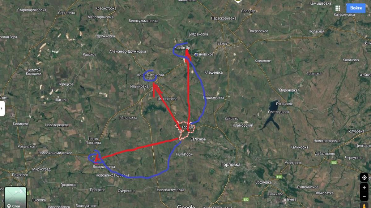 Карта напрвлений наступлений ВС РФ после освобождения Дзержинска