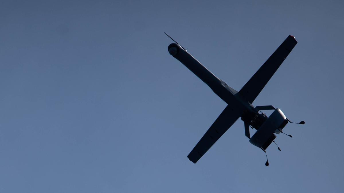 V-BAT flies over USS Rushmore