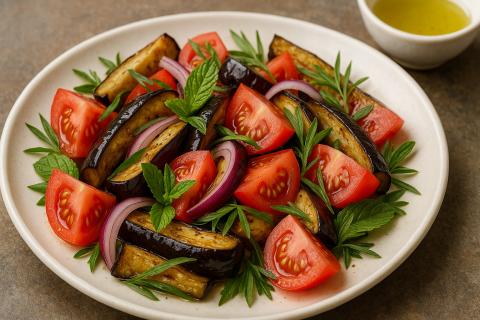 Тёплый салат с курицей, баклажанами и помидорами сохраняет питательные свойства при запекании