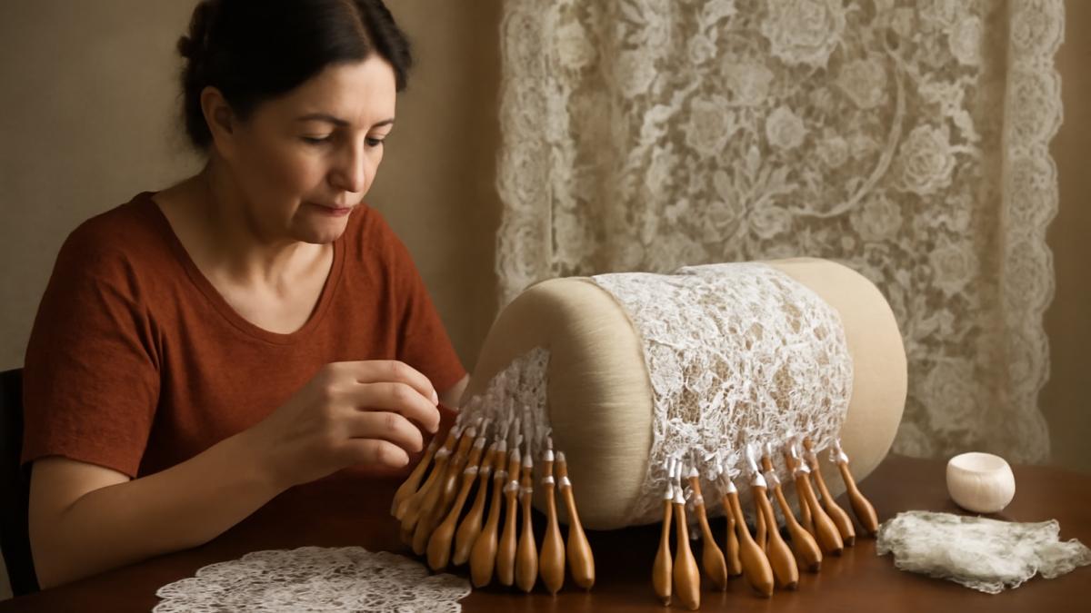 Фотография пожилой женщины с светлой кожей, создающей кружево