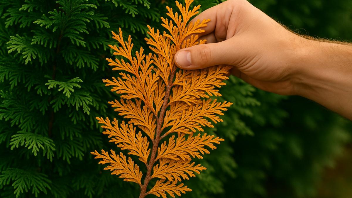 Туя осенью: желтеет внутри