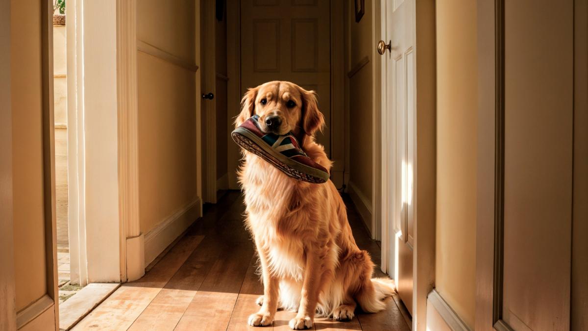 Золотистый ретривер с обувью