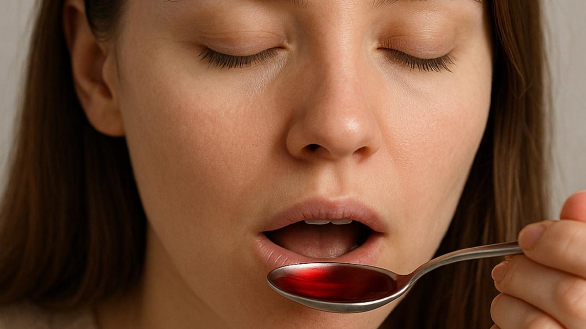 Девушка пьет сироп от кашля