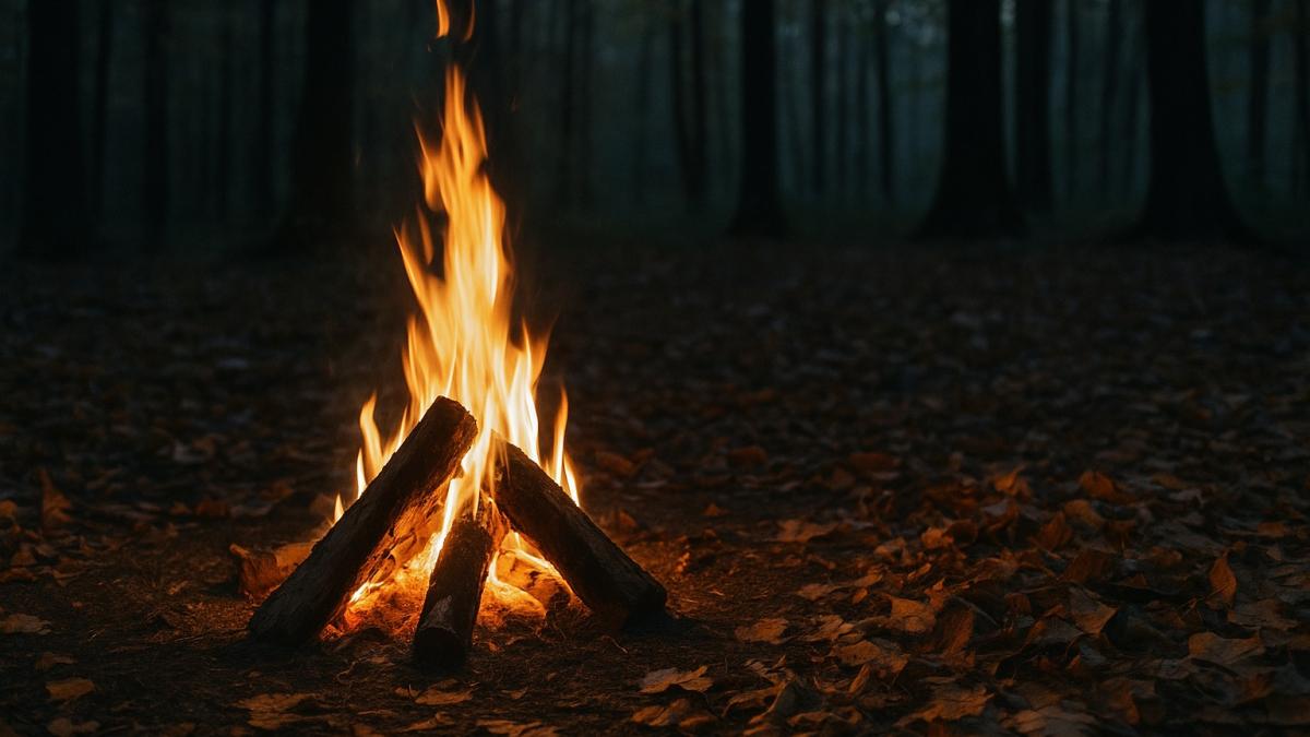 Костер в вечернем лесу