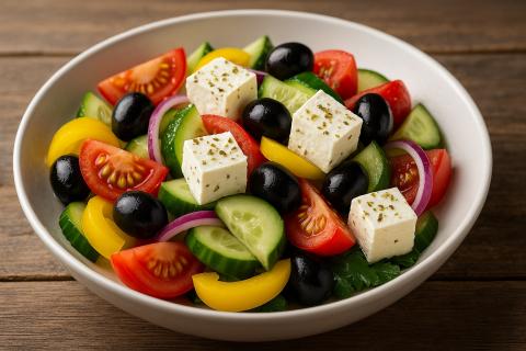 Греческий салат с креветками готовится с оливковым маслом и фетой