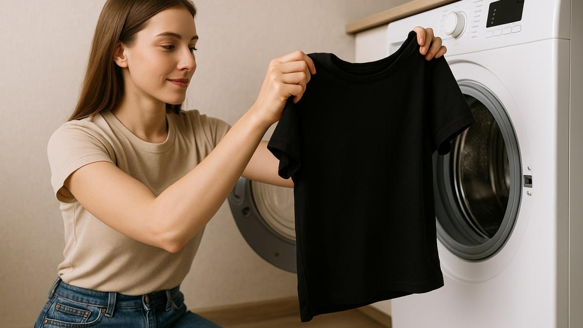 Девушка достает черную футболку из стиральной машины