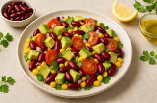Салат из колбасы, кукурузы и помидоров готовится с лимонной заправкой — повар