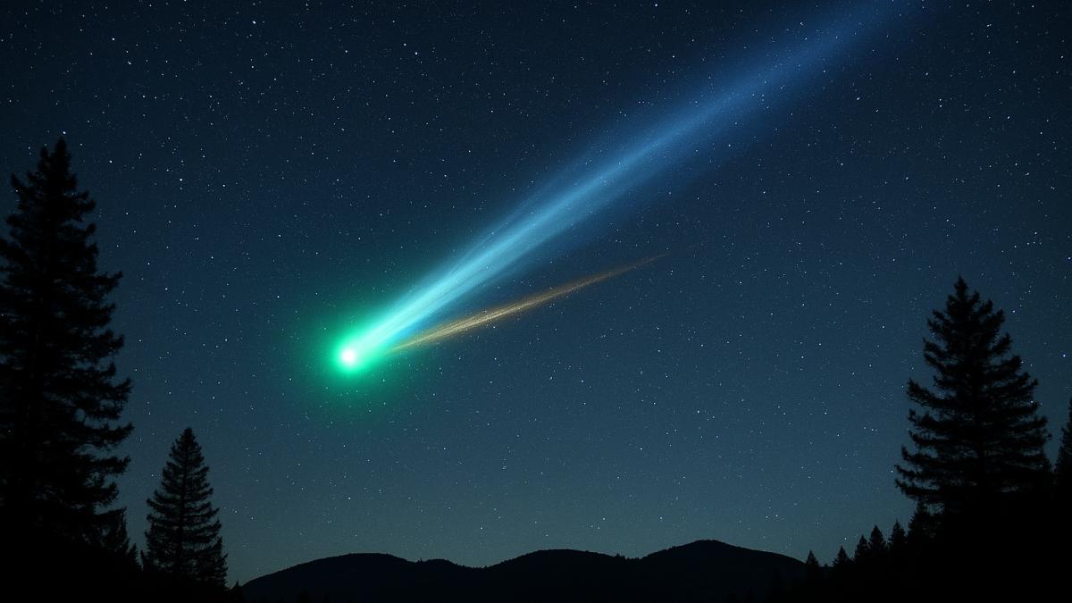 Зеленая комета Леммон в ночном небе