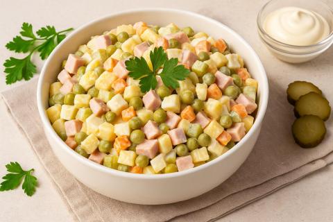 Салат оливье с колбасой и яблоком сохраняет традиционный вкус и сезонность