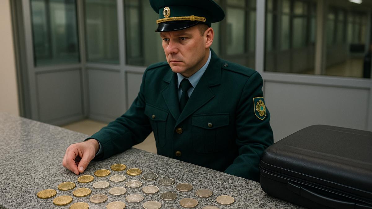 таможенник осматривает монеты на столе