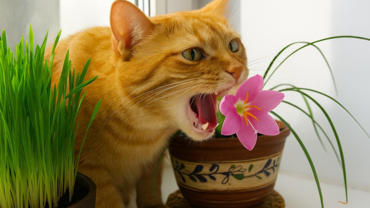 Кот ест цветок на подоконнике