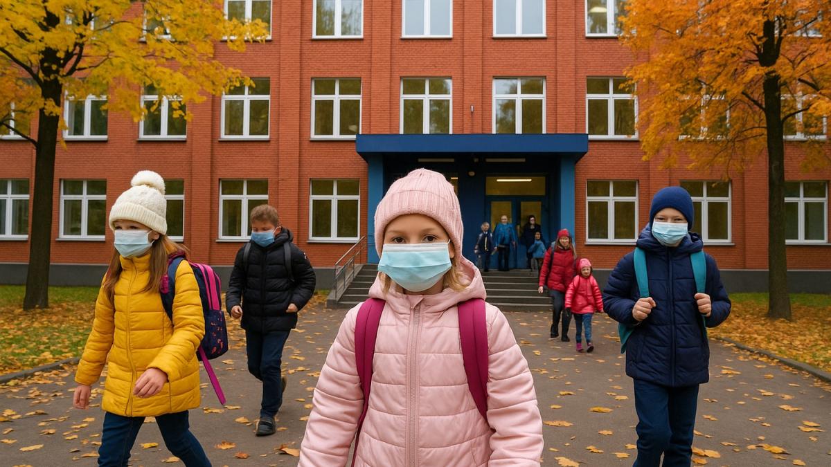 Дети в масках у школы в Москве