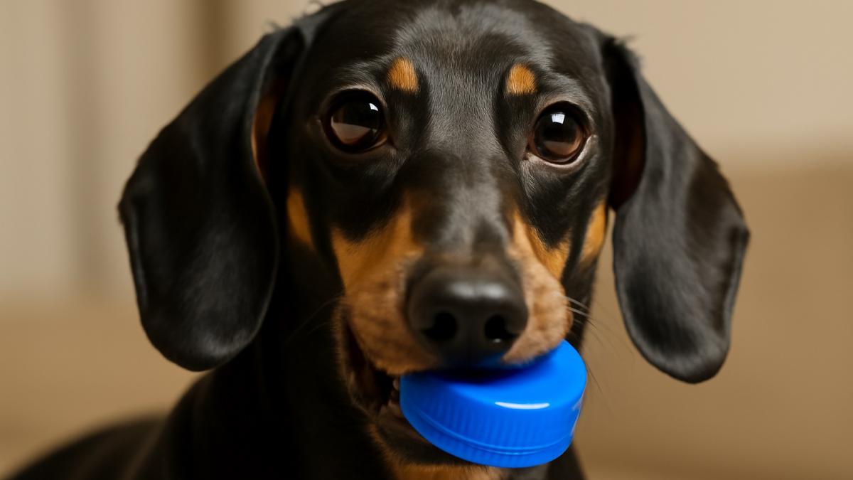 Такса с крышкой от бутылки в зубах