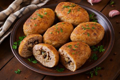 Мясные зразы с перепелиным яйцом запекаются в духовке — повар