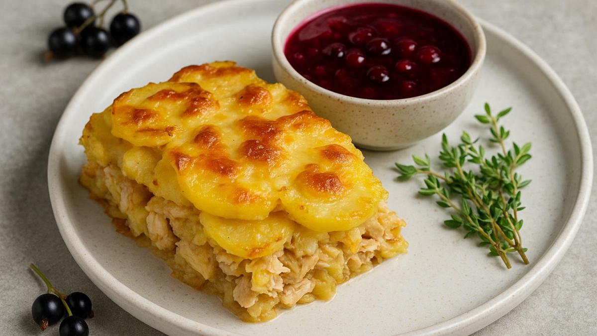 Запеканка из картофеля и курицы с смородиновым соусом