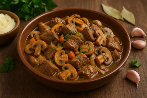 Говядина с грибами в духовке запекается с чесноком и травами