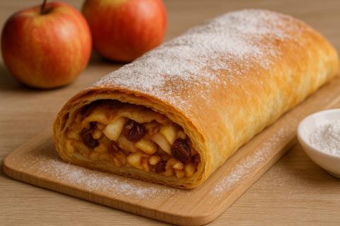 Венский штрудель с яблоками и изюмом выпекают при температуре 180 градусов