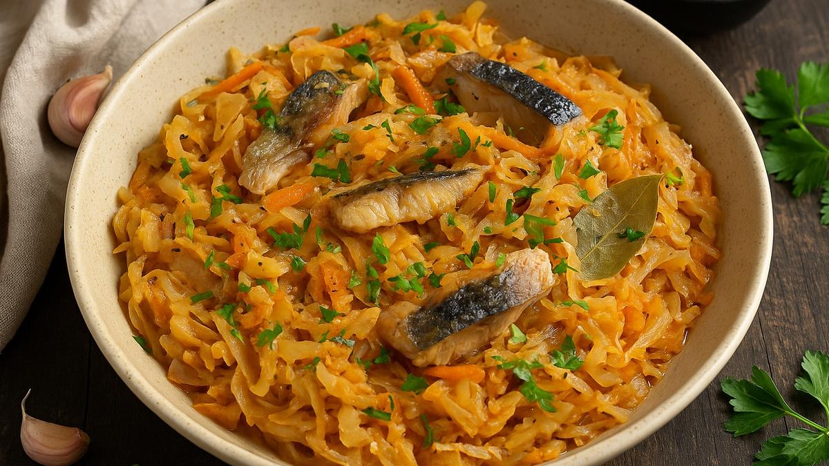 Тушёная капуста с копчёной рыбой и чесноком Тушёная капуста с копчёной рыбой и чесноком