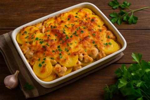 Картошка по-французски с мясом и грибами запекается в духовке до золотистой корочки