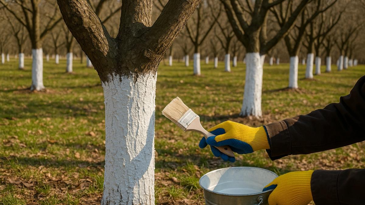 Осенняя побелка деревьев