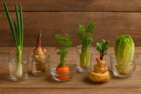 Зелёный лук и сельдерей легко отрастают из кухонных остатков дома