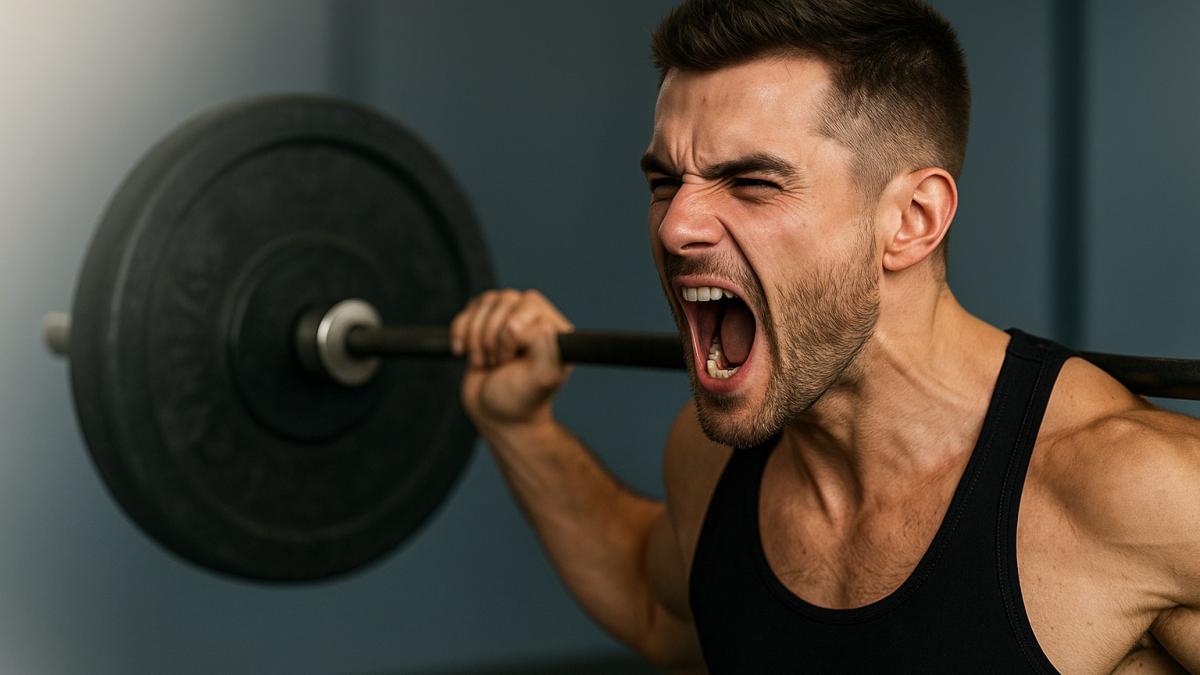 Мужчина-культурист кричит во время подъёма штанги