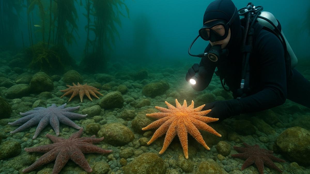 Дайвер исследует морских звёзд Дайвер исследует морских звёзд