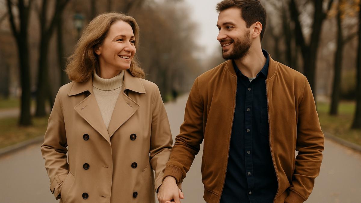 Пара с разницей в возрасте гуляет в парке Пара с разницей в возрасте гуляет в парке