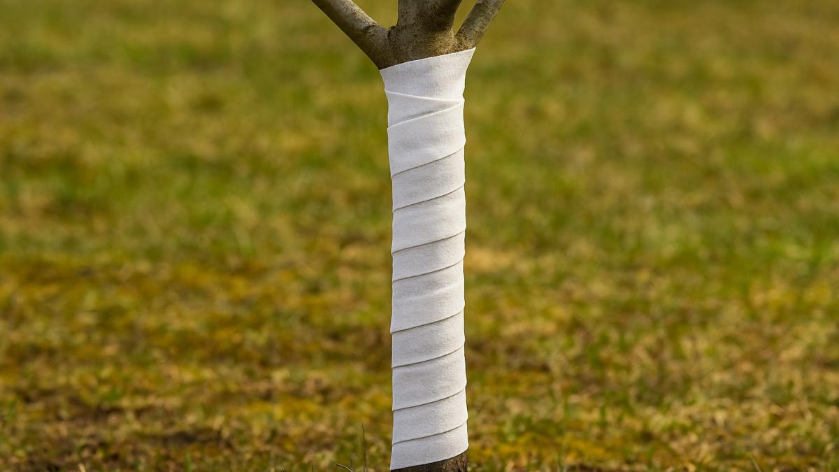 Дерево, обмотанное садовым бинтом