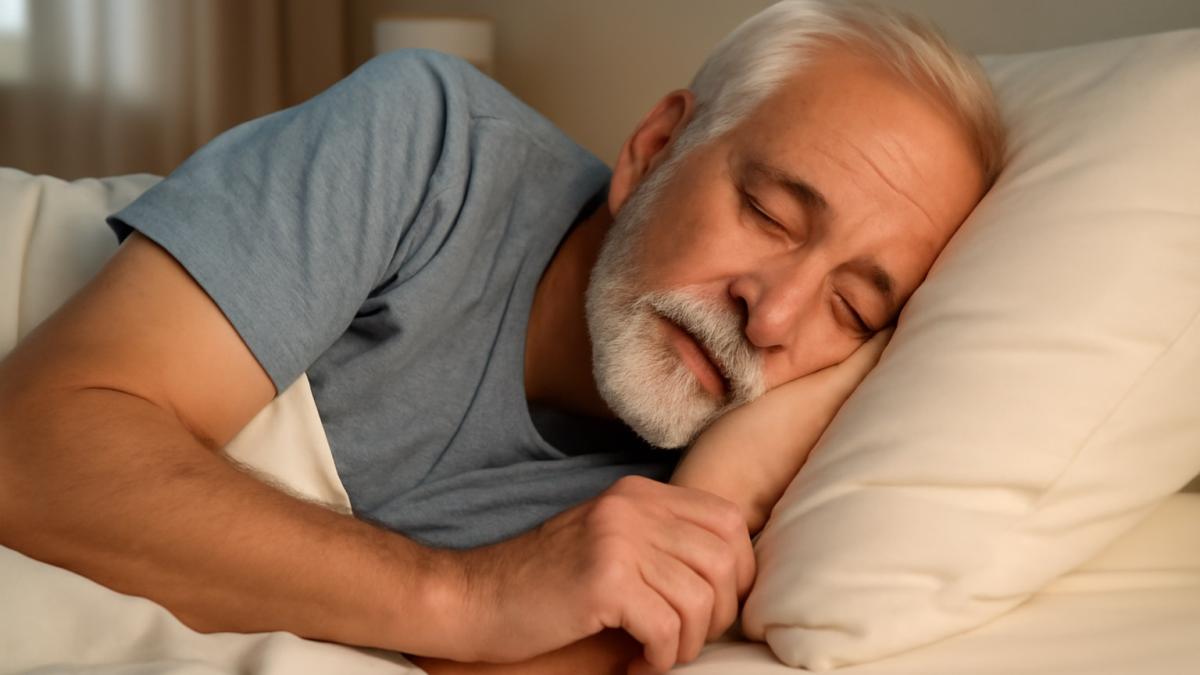 Пожилой мужчина спит на боку
