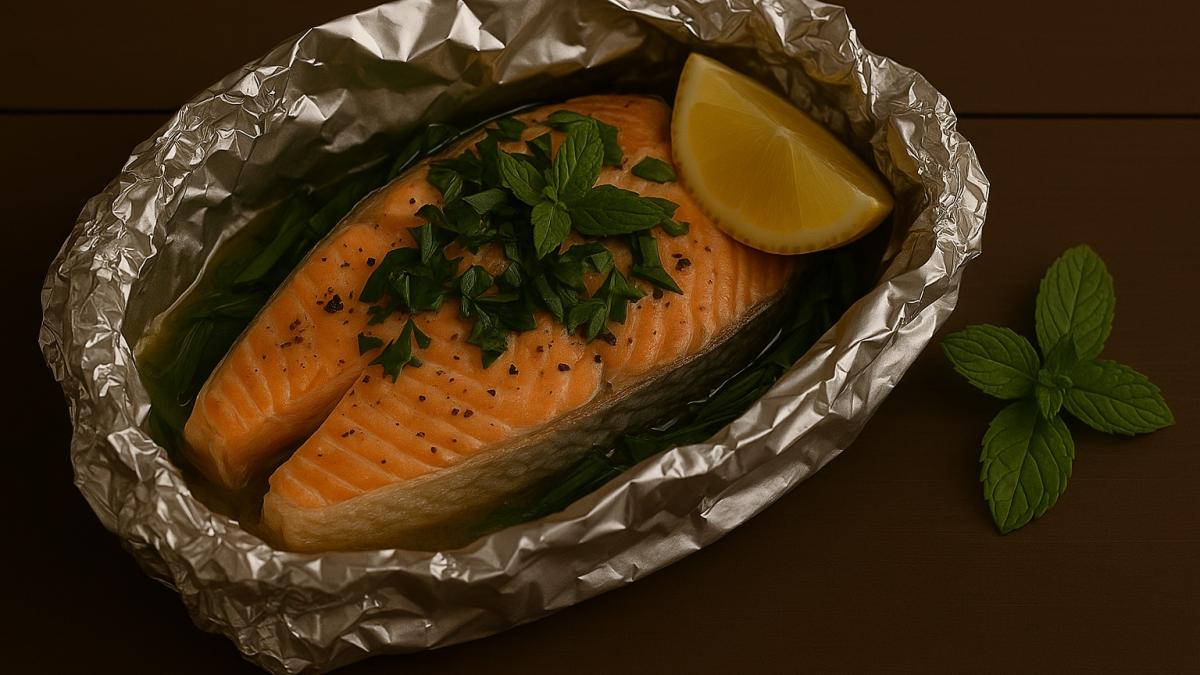 Горбуша в фольге с мятой и диким луком