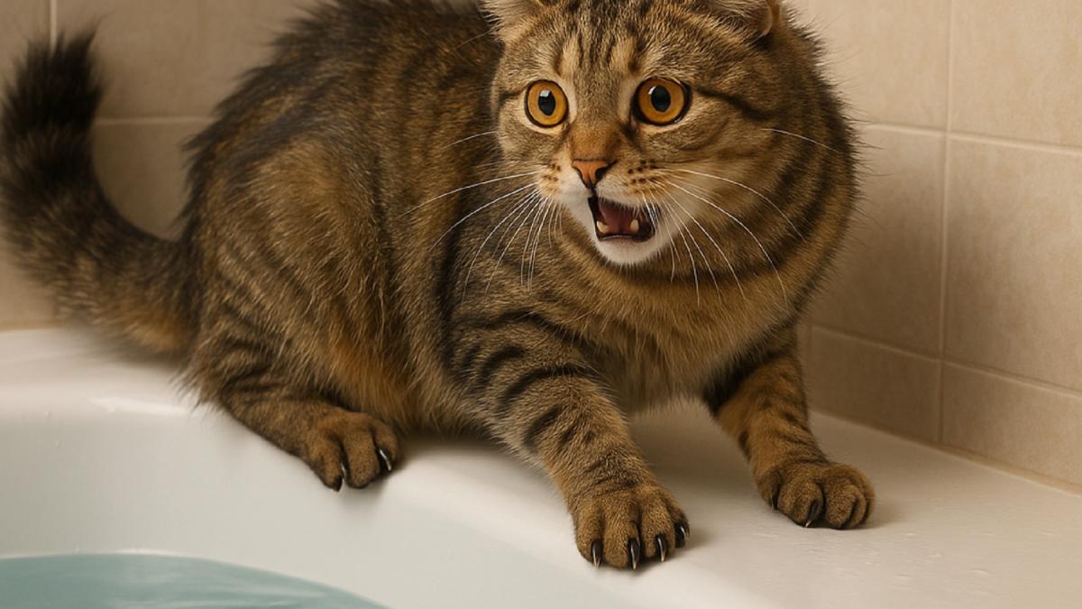 Испуганная кошка у края ванны Испуганная кошка у края ванны