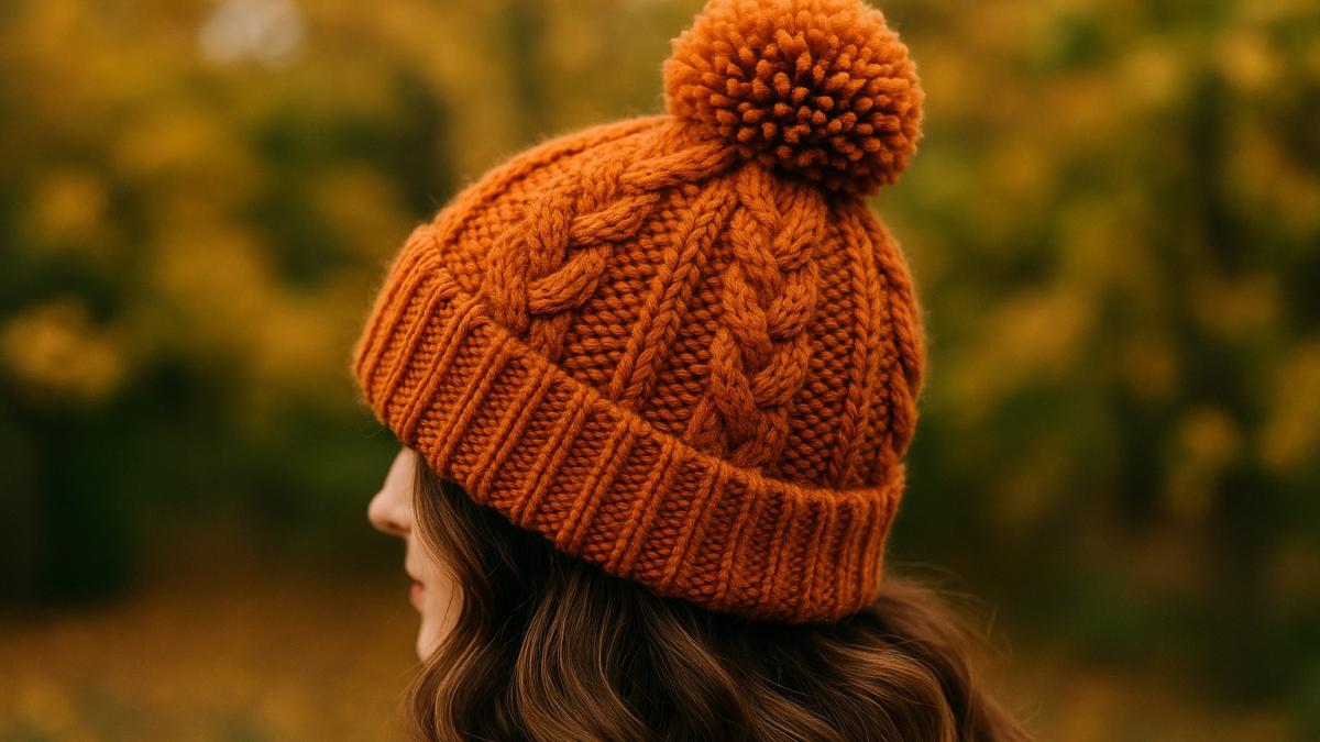 Осенняя вязаная шапка с помпоном