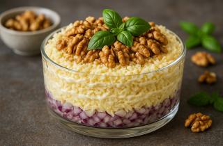 Слоёный салат с курицей и грецкими орехами подходит для праздничного стола — повар