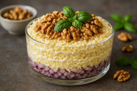 Слоёный салат с курицей и грецкими орехами подходит для праздничного стола — повар