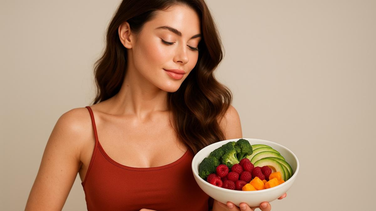 Молодая женщина с тарелкой фруктов и овощей