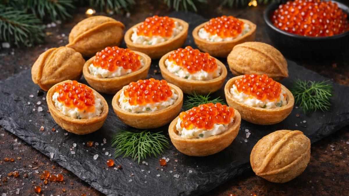 Орешки с красной икрой на доске