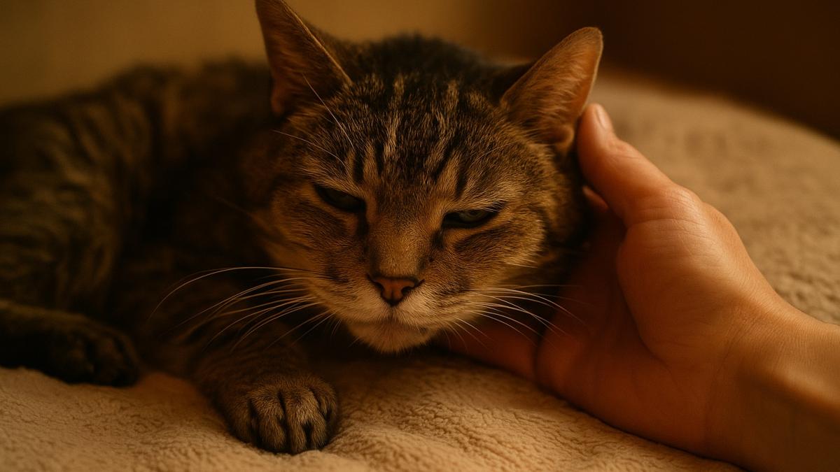 Старая кошка лежит на подстилке