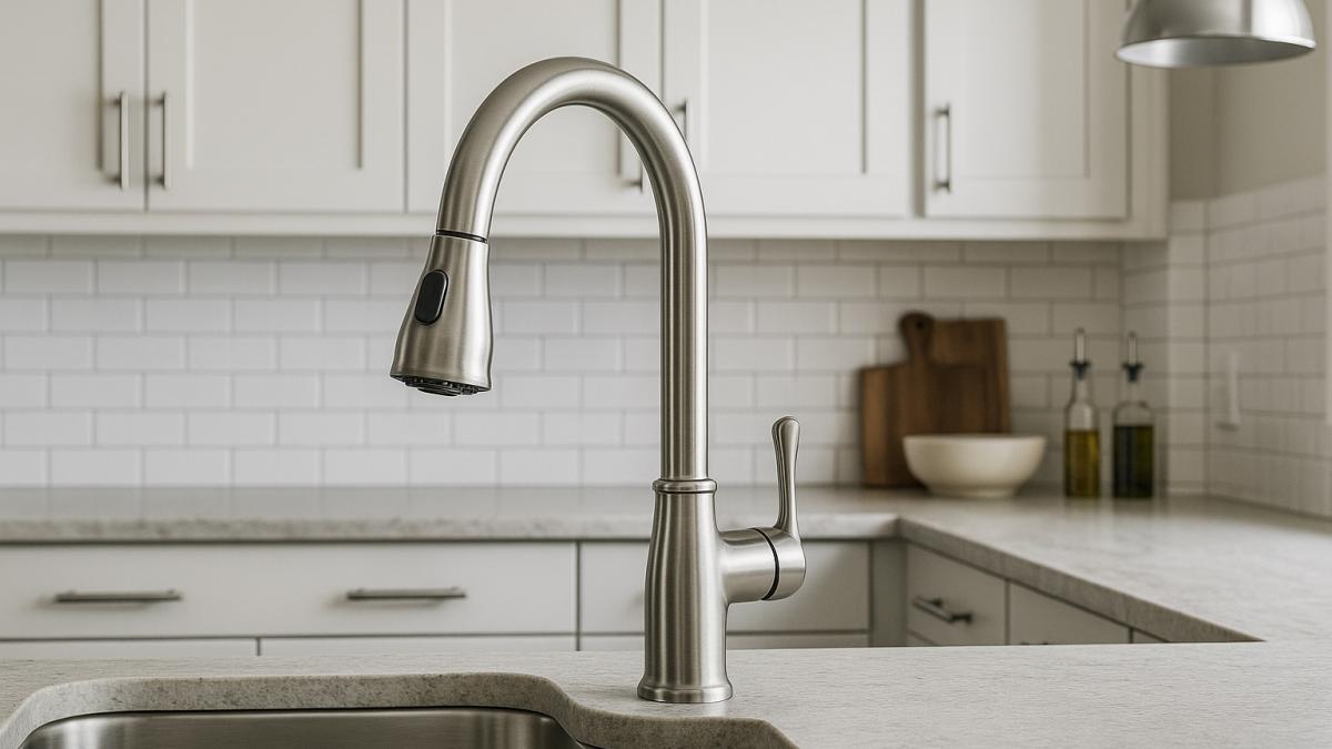 Кухня с серебряным смесителем