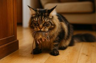 Кошка приносит добычу, демонстрируя привязанность к хозяину