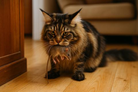 Кошка приносит добычу, демонстрируя привязанность к хозяину