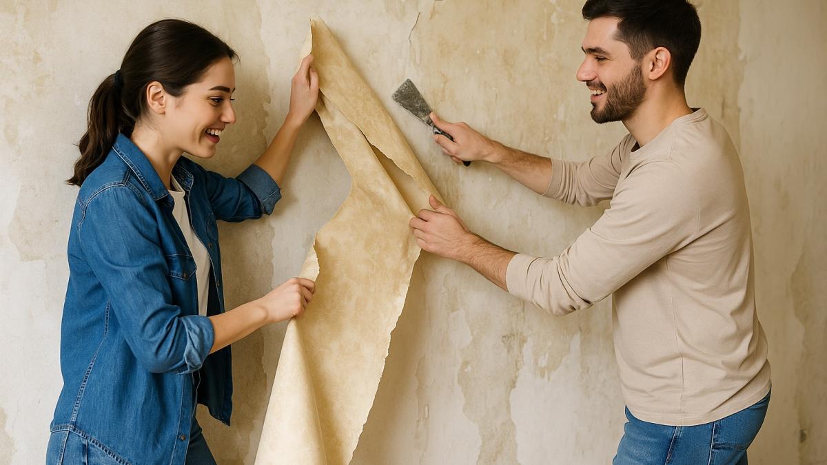 Пара сдирает старые обои