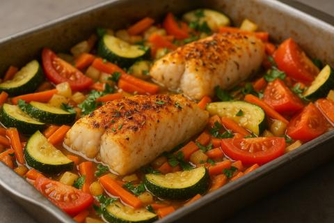 Кулинарный эксперт готовит рыбу с овощами на сковороде для насыщенного вкуса