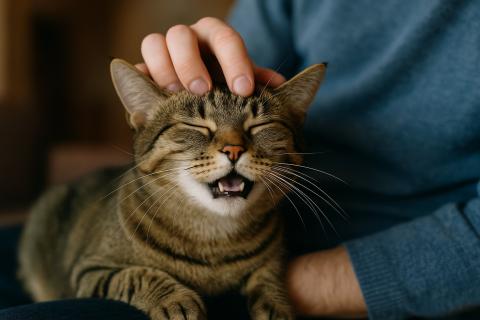 Кошка мурлычет на коленях