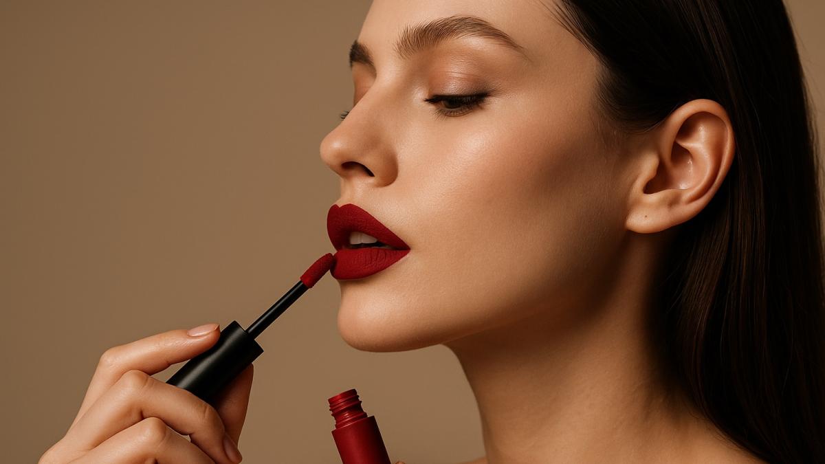 Девушка наносит помаду