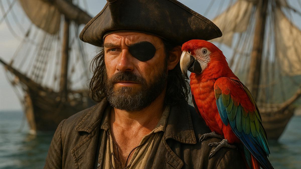 Пират и попугай на палубе