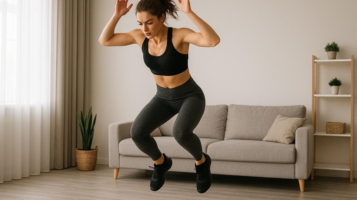 девушка делает берпи дома