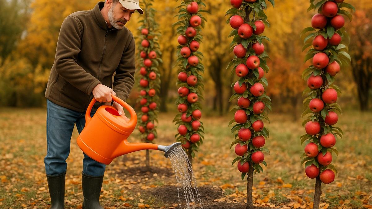 Дачник поливает яблони