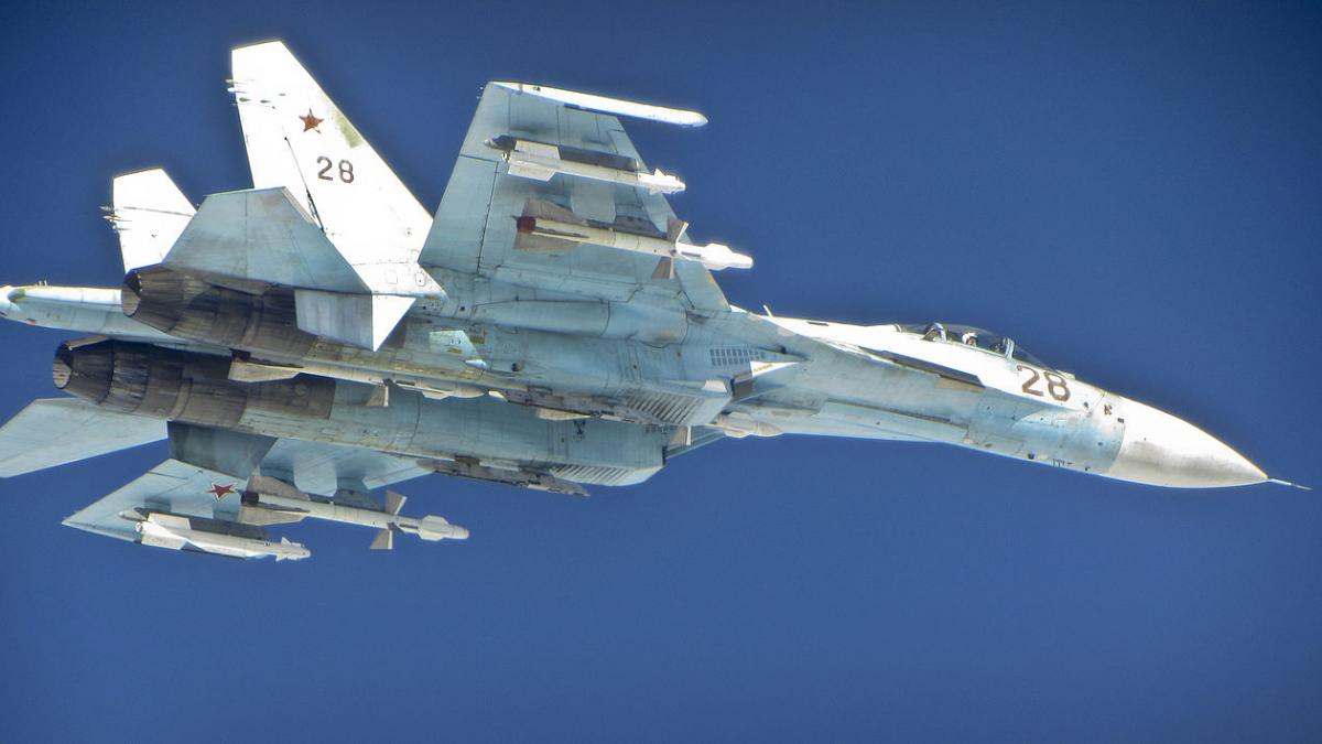 A Russian SU-27 Flanker aircraft photographed from a RAF Typhoon A Russian SU-27 Flanker aircraft photographed from a RAF Typhoon
