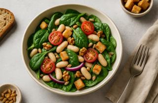 Салат из отварной красной фасоли и моркови получается питательным с чесноком и сухариками